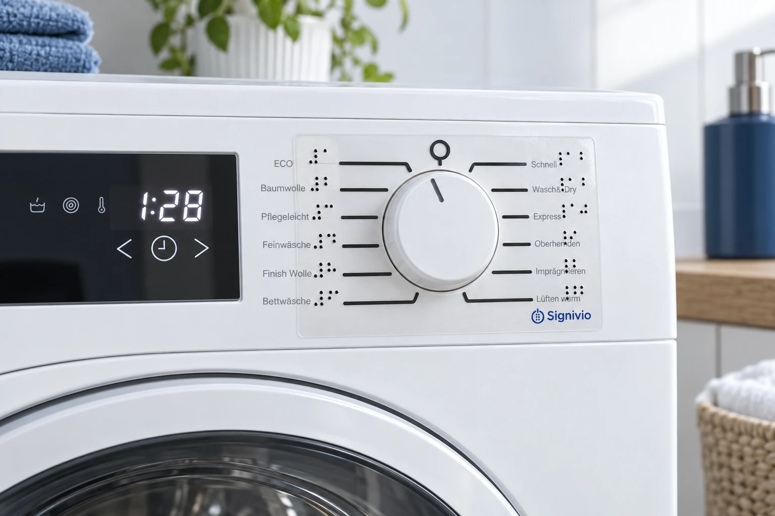 Application visualisation: transparent Signivio label with raised guide lines and Braille numbers around an appliance programme dial.